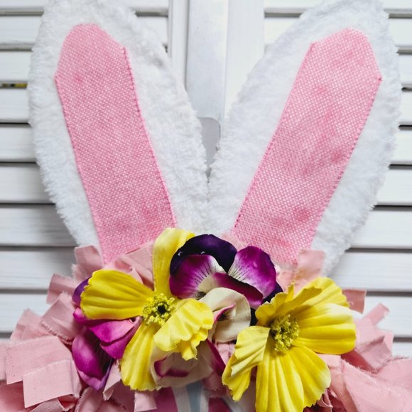 Hand Crafted Easter Bunny Rabbit Fabric Rag Wreath, Pink & White, Bunny Sign - Picture 2 of 7